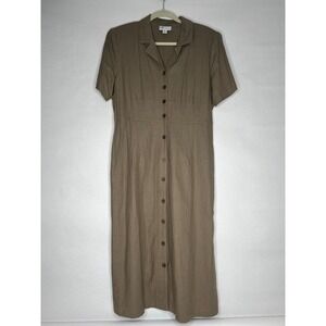 The TCG Shop Women's Button Up Collared‎ Midi Dress Size 12 Linen Blend Khaki